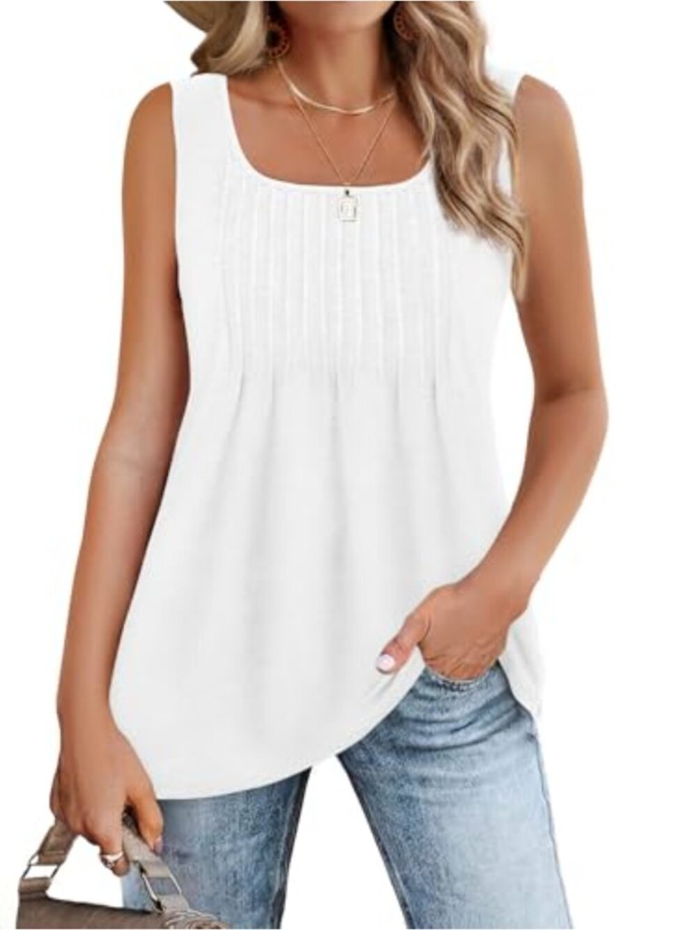 Women's Pleated Square Neck Loose Fit Sleeveless Tunic Tank Top